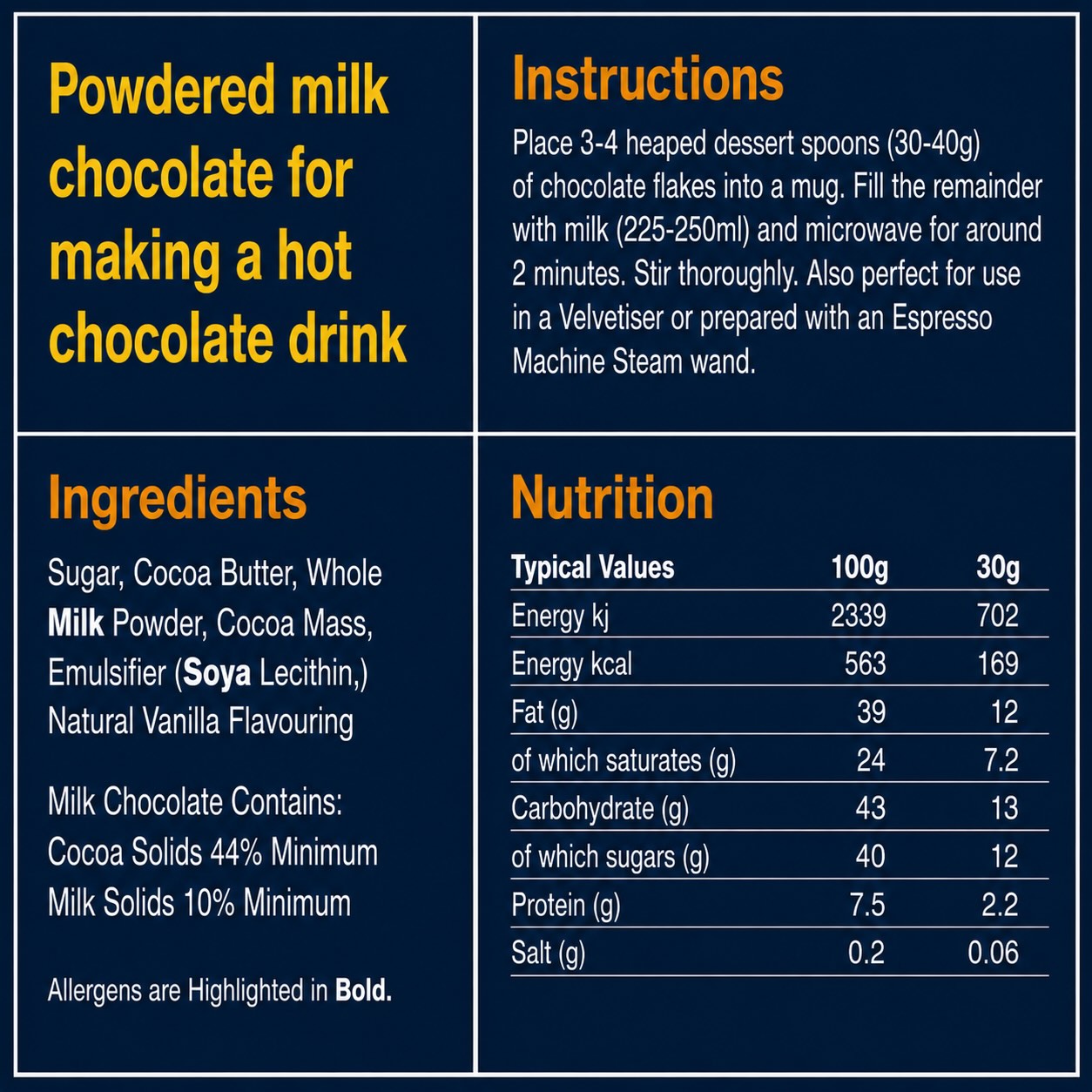Luxury Hot Chocolate - Real 44% Belgian Milk Chocolate Flakes - 250g