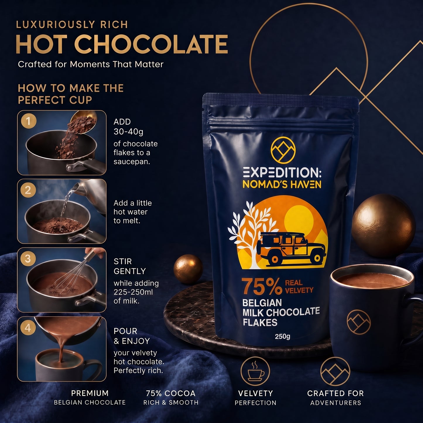 Luxury Hot Chocolate - Real 75% Belgian Chocolate Flakes - 40 x 250g - WHOLESALE