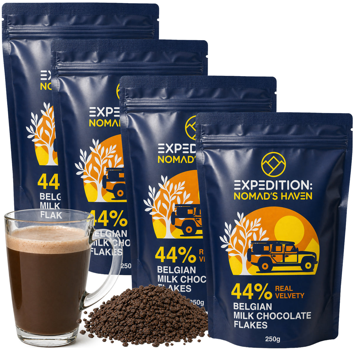 Four 250g pouches of Expedition Nomad's Haven 44% Belgian milk chocolate flakes with a mug of hot chocolate and loose flakes