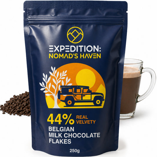 250g pack of Expedition Nomad's Haven 44% Belgian milk chocolate flakes with a mug of hot chocolate