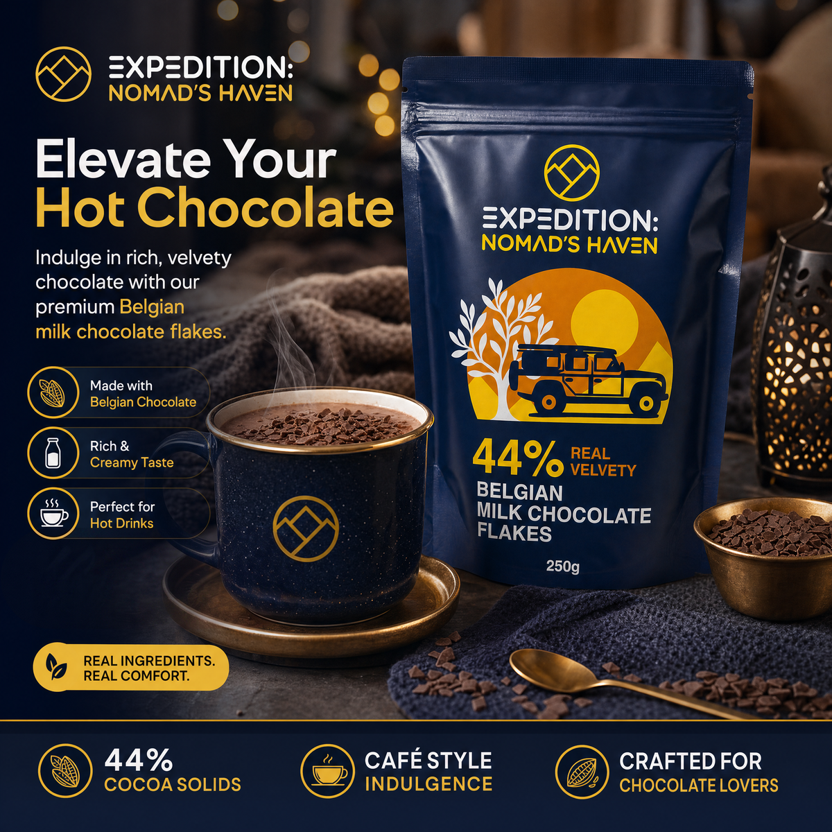 Elevate your hot chocolate, showing a mug made with 44% real velvety Belgian milk chocolate flakes