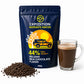 250g pouch of 44% Belgian milk chocolate flakes beside a glass mug of hot chocolate