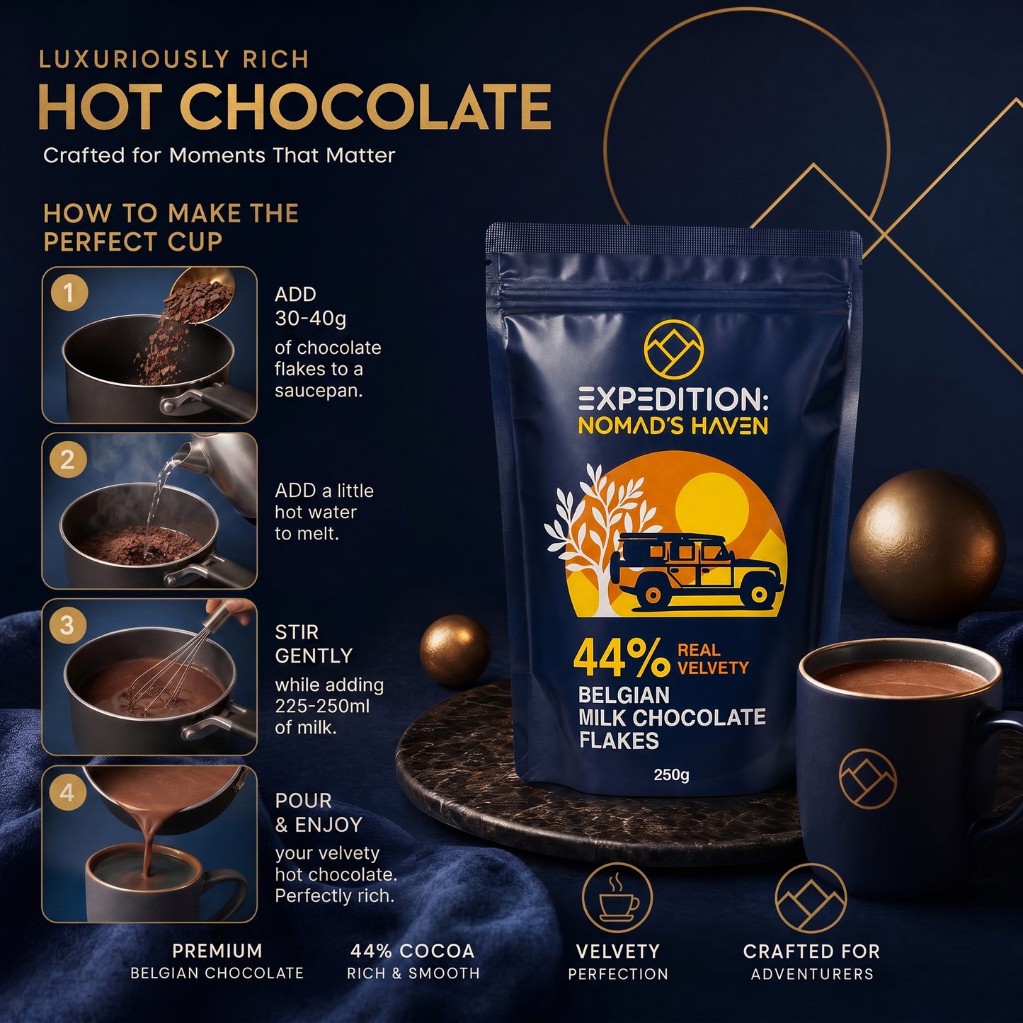 Luxury Hot Chocolate - Real 44% Belgian Milk Chocolate Flakes - 250g