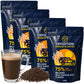 Four 250g pouches of Expedition Nomad's Haven 75% Belgian dark chocolate flakes, 1kg total, with a glass mug of hot chocolate