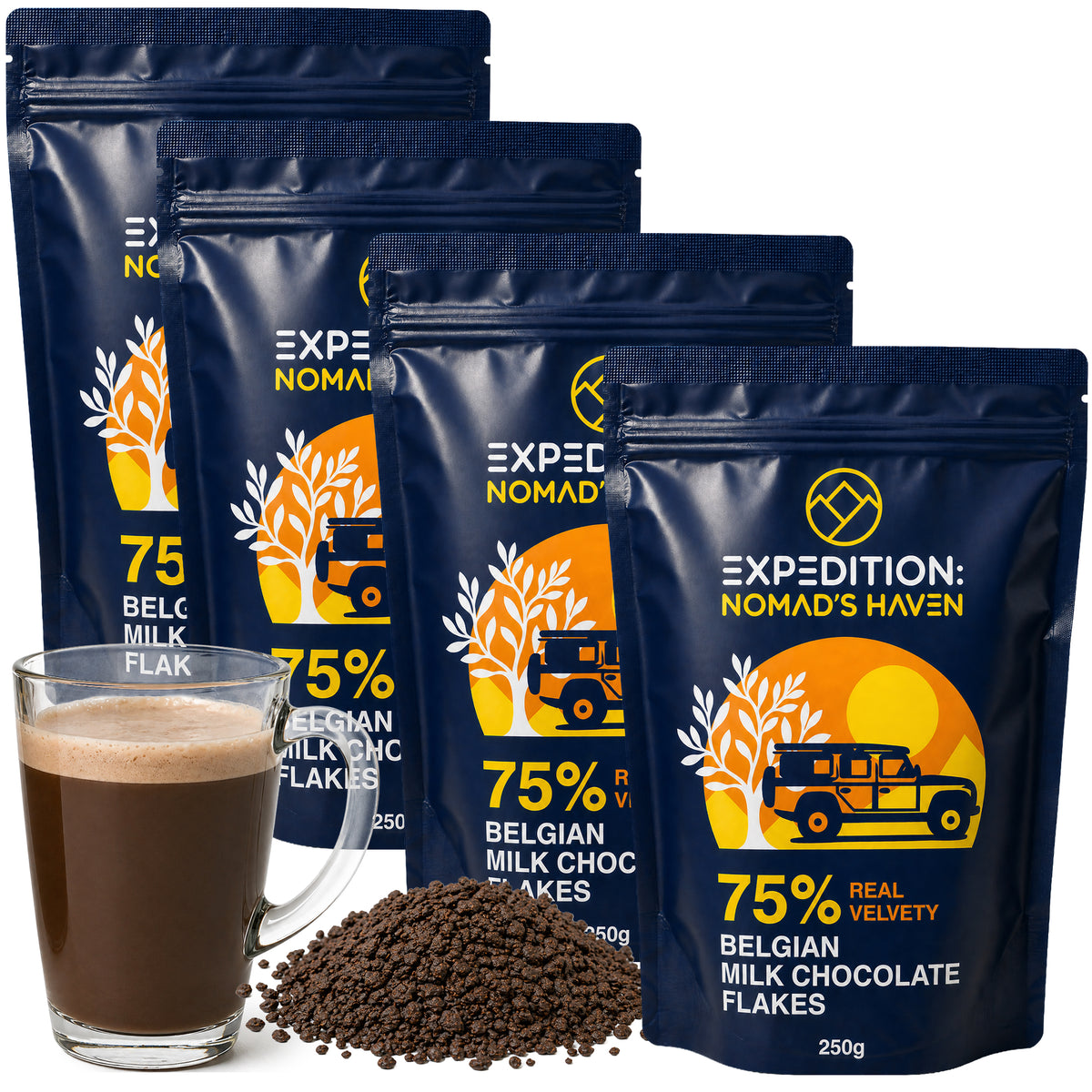 Four 250g pouches of Expedition Nomad's Haven 75% Belgian dark chocolate flakes, 1kg total, with a glass mug of hot chocolate