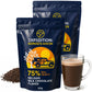 Two 250g pouches of Expedition Nomad's Haven 75% Belgian dark chocolate flakes, 500g total, with a glass mug of hot chocolate