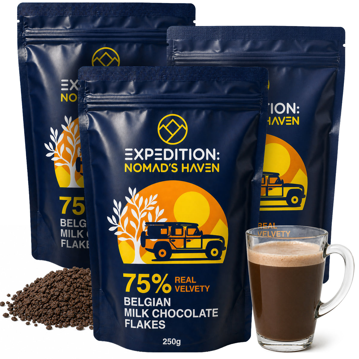 Three pouches of 75% Belgian dark chocolate flakes with a mug of hot chocolate and loose flakes