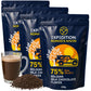 Three 250g pouches of Expedition Nomad's Haven 75% Belgian dark chocolate flakes, 750g total, with a glass mug of hot chocolate