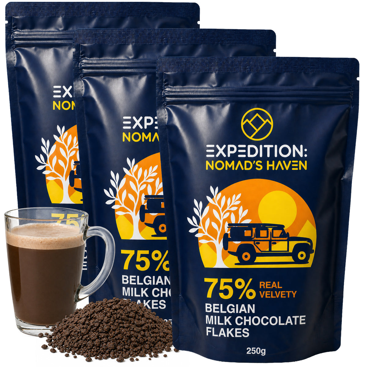 Three 250g pouches of Expedition Nomad's Haven 75% Belgian dark chocolate flakes, 750g total, with a glass mug of hot chocolate