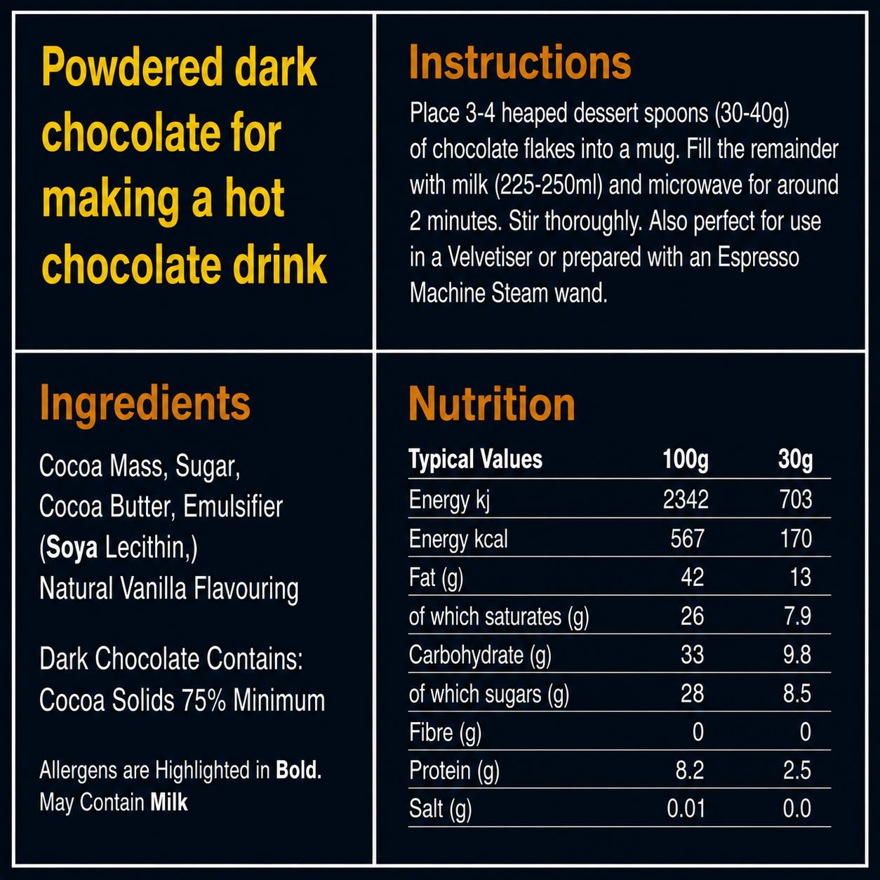 Luxury Hot Chocolate - Real 75% Belgian Chocolate Flakes - 40 x 250g - WHOLESALE