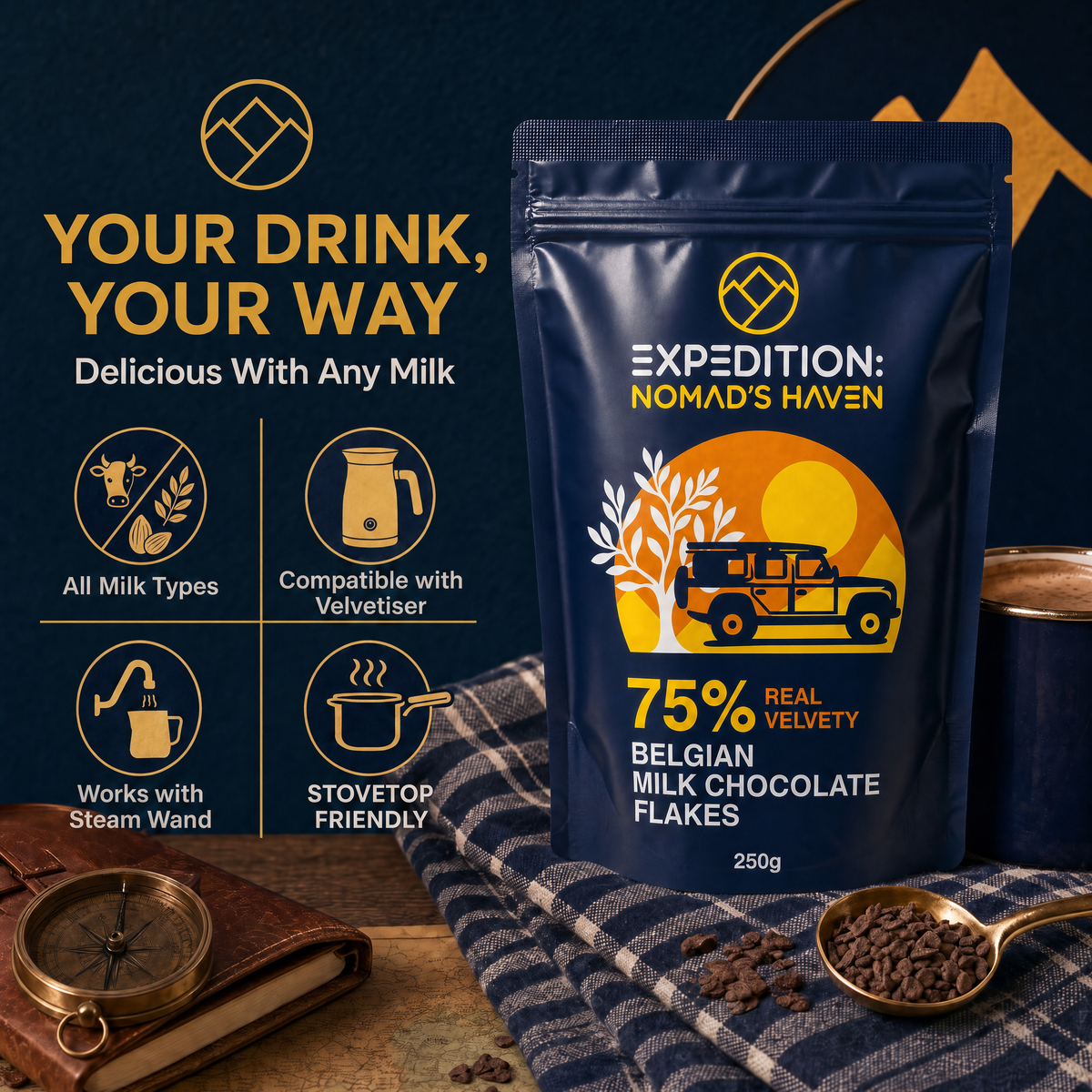 Your drink, your way, showing 75% Belgian dark chocolate flakes made with milk, water or alternative milk