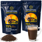 Two pouches of 75% Belgian dark chocolate flakes with a mug of hot chocolate and loose flakes