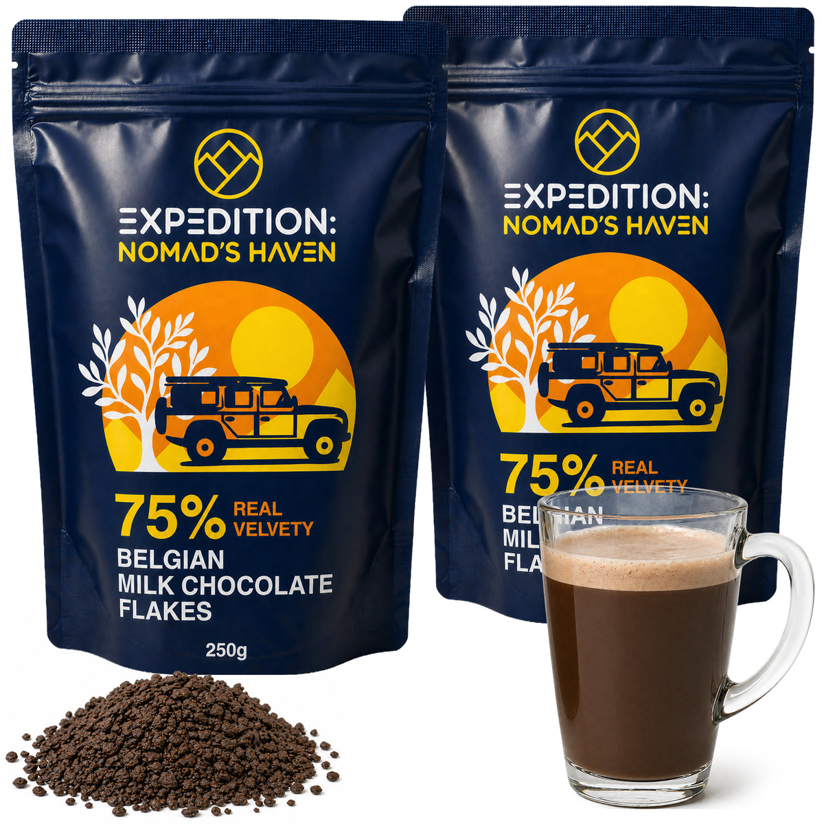 Two pouches of 75% Belgian dark chocolate flakes with a mug of hot chocolate and loose flakes
