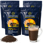 Two pouches of 75% Belgian dark chocolate flakes with a mug of hot chocolate and loose flakes