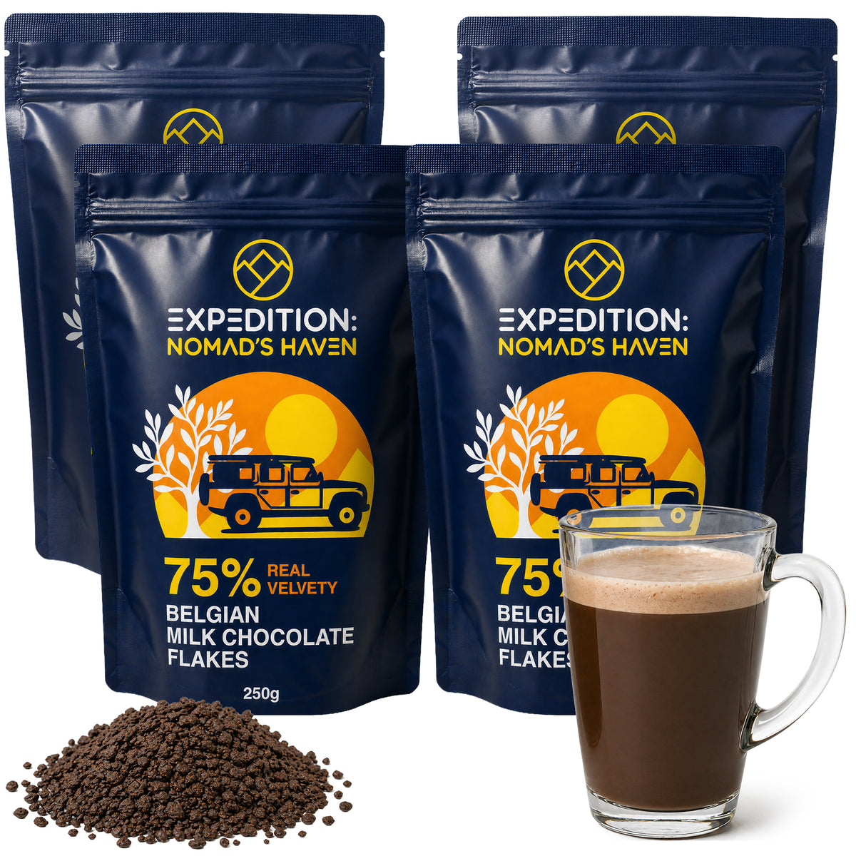 Two pouches of 75% Belgian dark chocolate flakes with a mug of hot chocolate and loose flakes