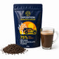 Front of the 75% Belgian dark chocolate flakes pouch with a glass mug of hot chocolate and loose flakes