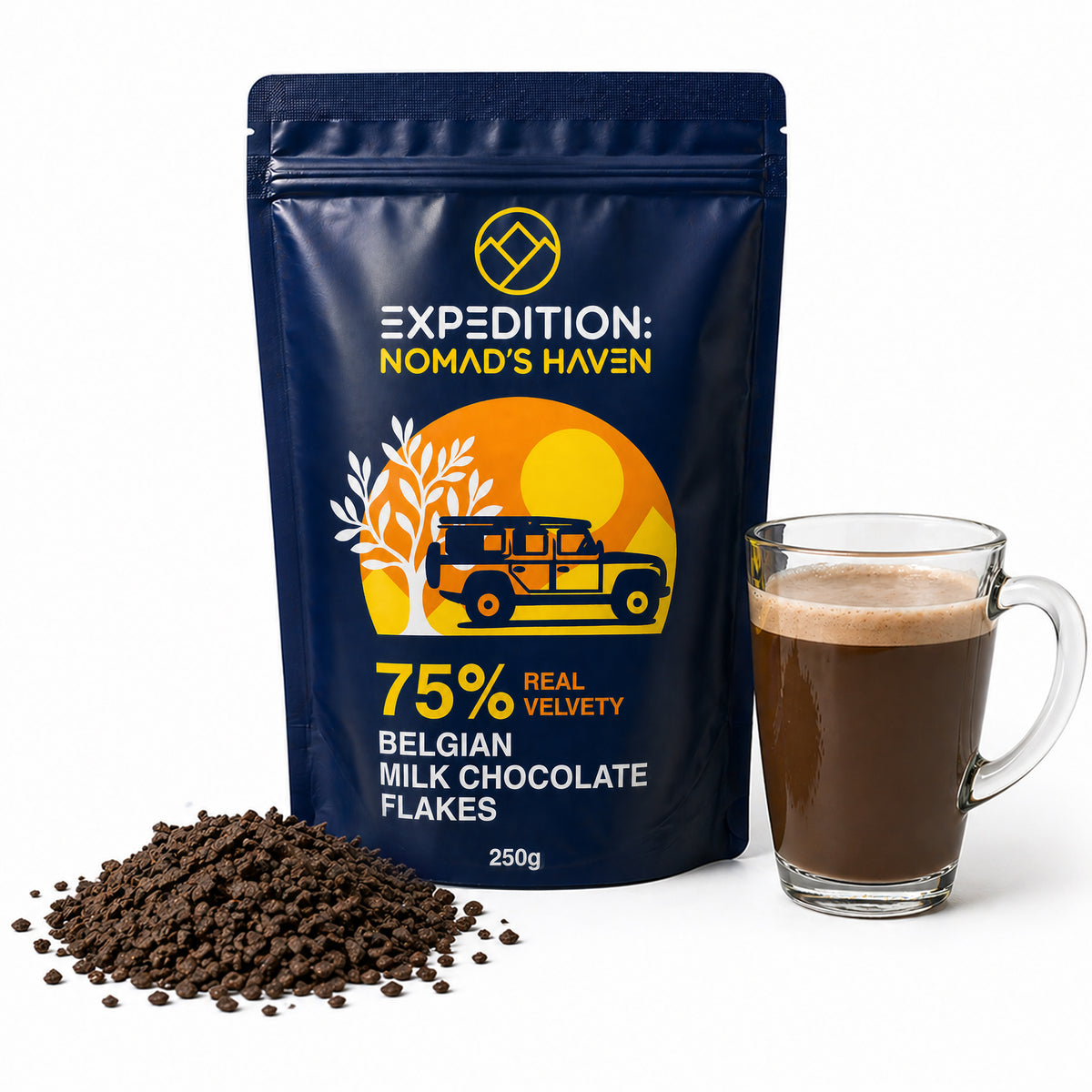 Front of the 75% Belgian dark chocolate flakes pouch with a glass mug of hot chocolate and loose flakes