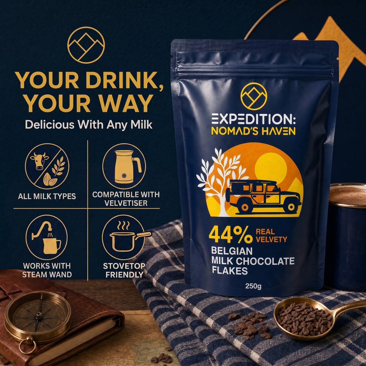 Your drink, your way, showing 44% Belgian milk chocolate flakes made with milk, water or alternative milk