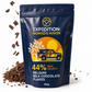 Single resealable 250g pouch of 44% Belgian milk chocolate flakes with flakes scattered beside it