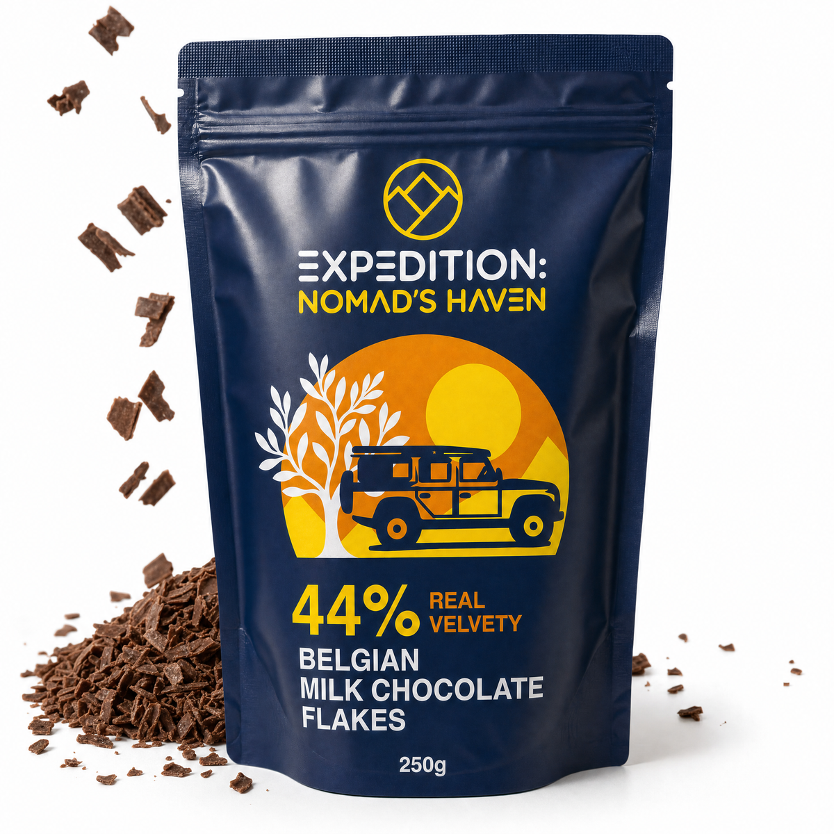 Single resealable 250g pouch of 44% Belgian milk chocolate flakes with flakes scattered beside it