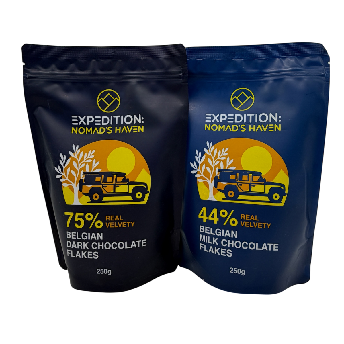 Expedition Nomad's Haven One of Each bundle with 250g pouches of 75% Belgian dark chocolate flakes and 44% Belgian milk chocolate flakes